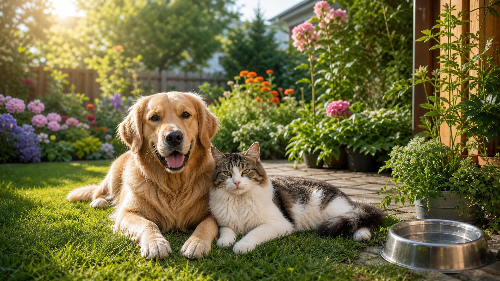 A happy dog and cat relaxing in a sunny pet safe garden with flowers and green plants