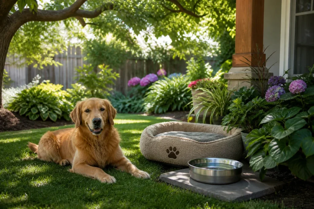 A shaded garden rest corner with a clean water bowl, soft grass, and pet-friendly plants