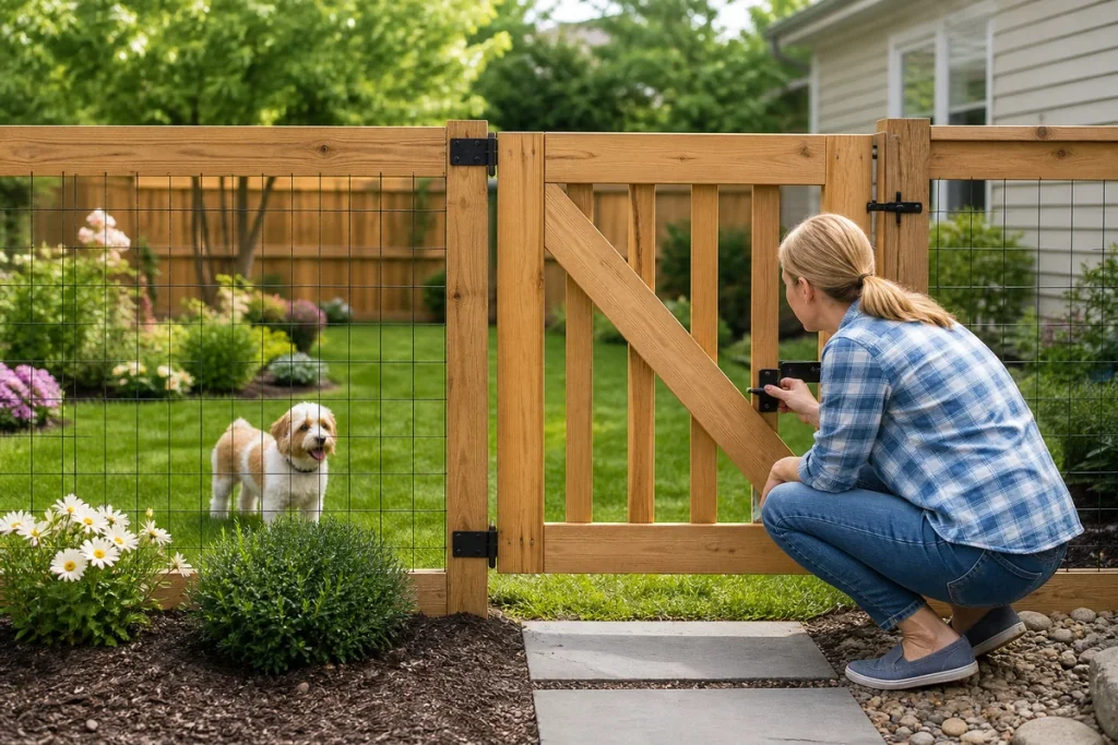 A secure backyard fence and gate checked for pet safety with a small dog inside the garden