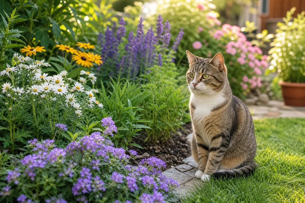 A calm cat sitting near pet-friendly flowers and green garden plants in a safe outdoor space